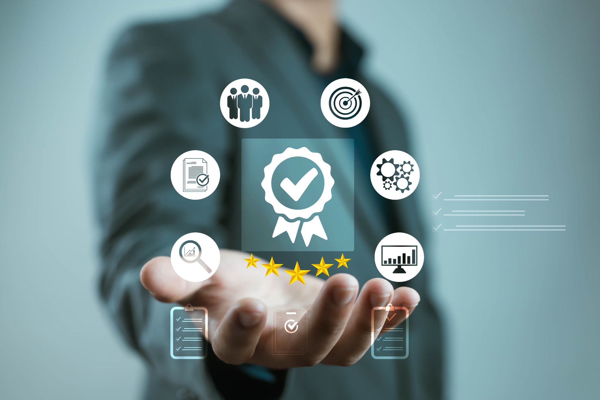 Businessman presenting quality assurance and certification icons with five stars, symbolizing business excellence, customer satisfaction, performance evaluation, and professional management standards.